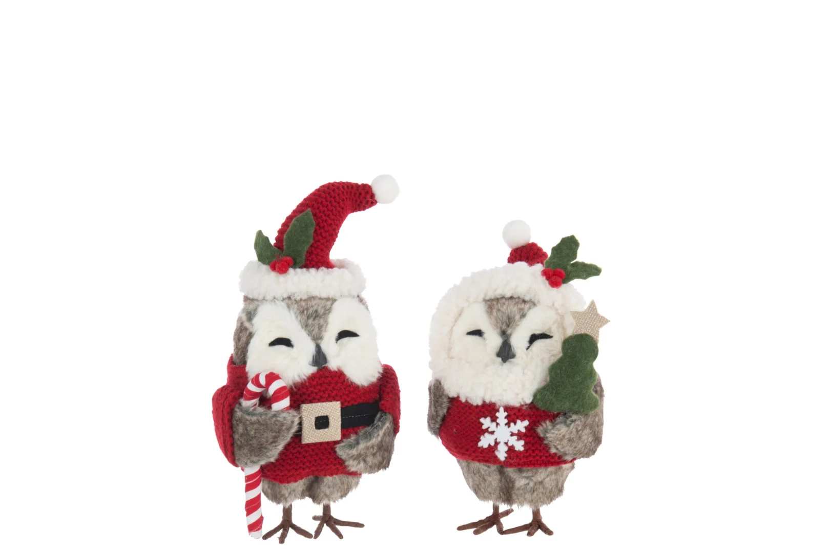 Decoratie Loormira polyester rood set van 2, kerstuilen in rood met muts, sjaal en feestelijke details