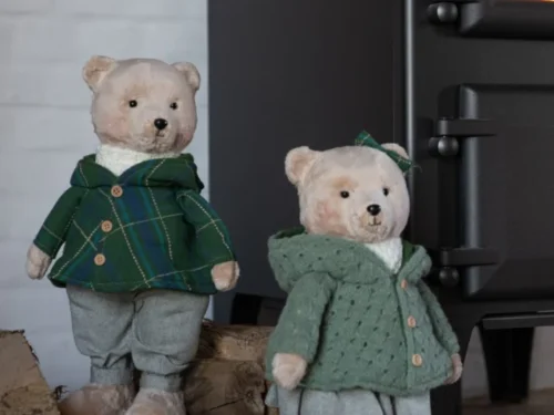 Set van 2 groene Tinos polyester decoratiefiguren in berenvorm, zacht en pluche, sfeervol bij de haard