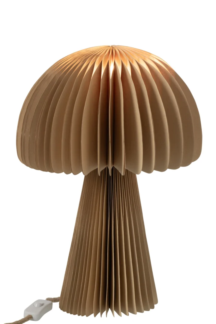 Bruine Klarrello decoratiefiguur van papier, geplooid paddenstoelvormig design, H40 cm en compact woonaccessoire