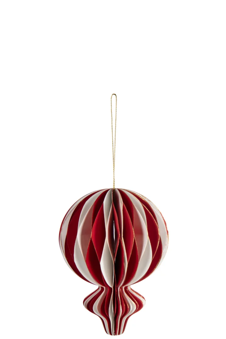Decoratie Kloontia papier luchtballonhanger wit en rood, opvouwbaar woonaccessoire met gouden ophanglus