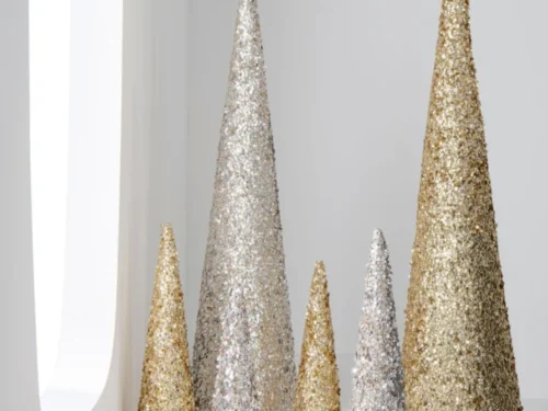 Decoratie Staurrer Schuim Champagne, kegelvormige glitterdecoratie in goud- en zilverkleur voor sfeervol interieur