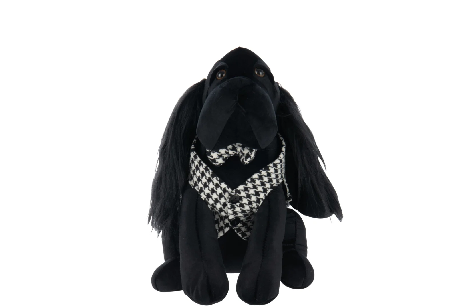 Zwarte Deurstopper Sielvos in hondenvorm, polyester met houndstooth vest, 1,5 kg zwaar