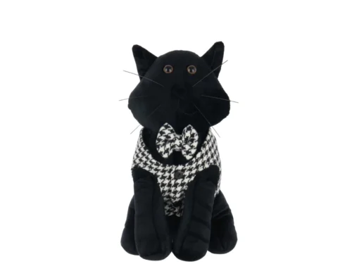 Trarmund zwarte polyester deurstopper in kattenvorm met houndstooth vest en strikje
