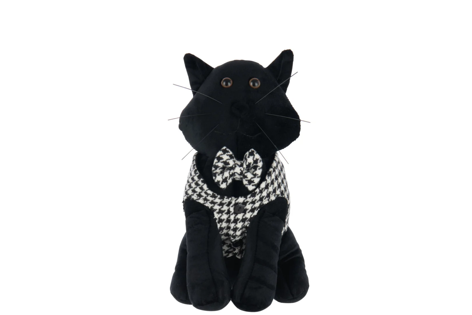 Trarmund zwarte polyester deurstopper in kattenvorm met houndstooth vest en strikje
