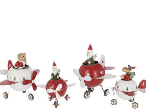 Toonsura metalen kerstdecoratie set van 2: beer en kerstman in vliegtuig, rood met nostalgische winteruitstraling