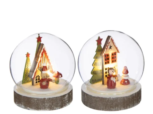 Decoratiebal Ruvesta Multiplex Wit set van 2 met led-licht, kersttafereel in glazen stolp op houten voet