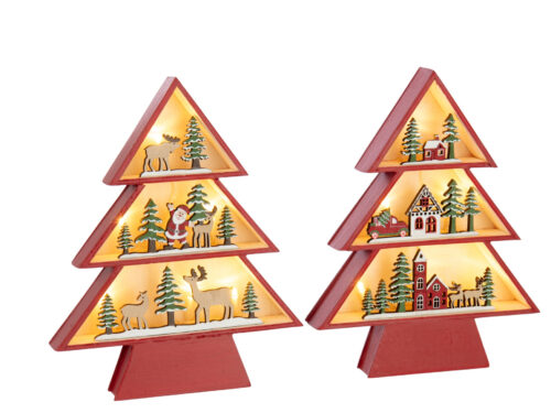 Kerstboom Skaumaro multiplex rood set van 2 met LED-verlichting en winterse decoraties