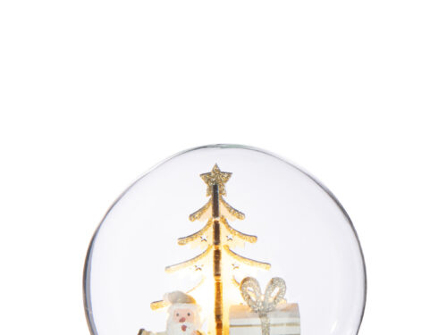 Kerstbal Birnas met LED-licht, sneeuwpop, kerstboom en cadeau in glazen bol op houten voet