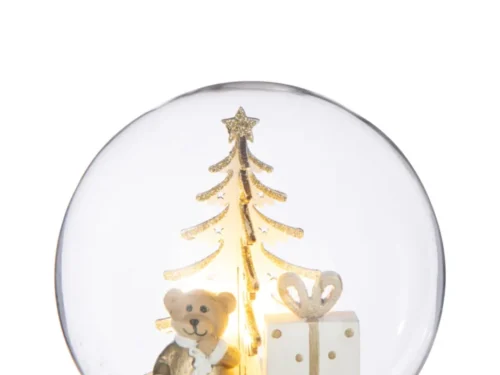 Decoratiefiguur Tolvund met ledlicht, kerstboom, teddybeer en cadeau in glazen stolp op houten voet