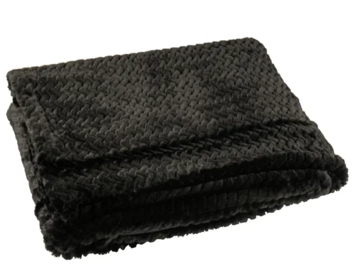 Deken Kliloro Zwart, zachte zwarte plaid van structuurstof, opgevouwen en warm ogend