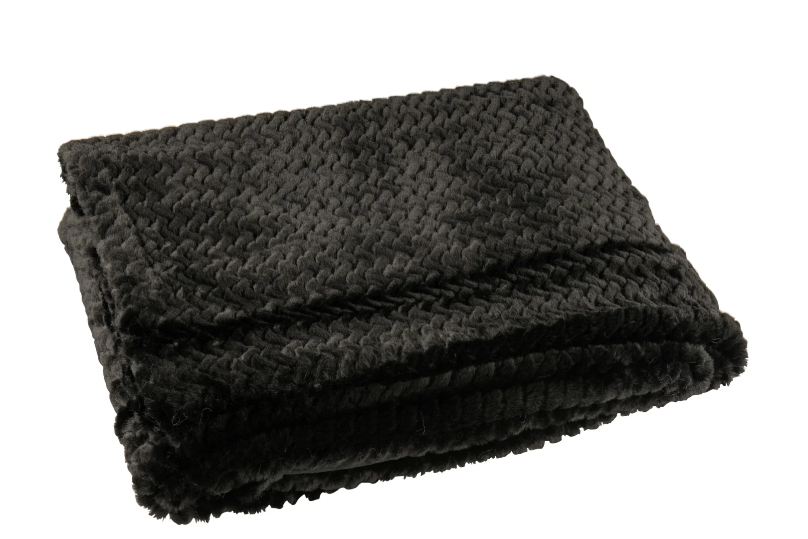 Deken Kliloro Zwart, zachte zwarte plaid van structuurstof, opgevouwen en warm ogend