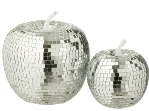 Spiegel Kleinang zilver, twee decoratieve kaarsen met spiegelmozaïek en witte lont op witte achtergrond