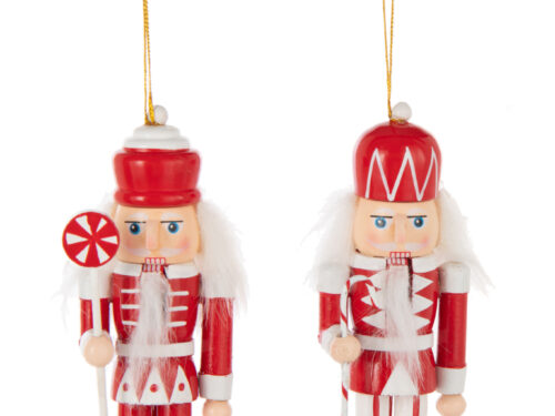 Set van 2 rode houten notenkrakerhangers, klassiek kerstdesign met ophangkoord en feestelijke details