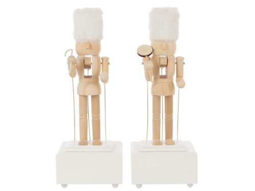 Set van 2 Jeivel notenkrakers van hout met witte bontmutsen en gouden accenten, op sokkel