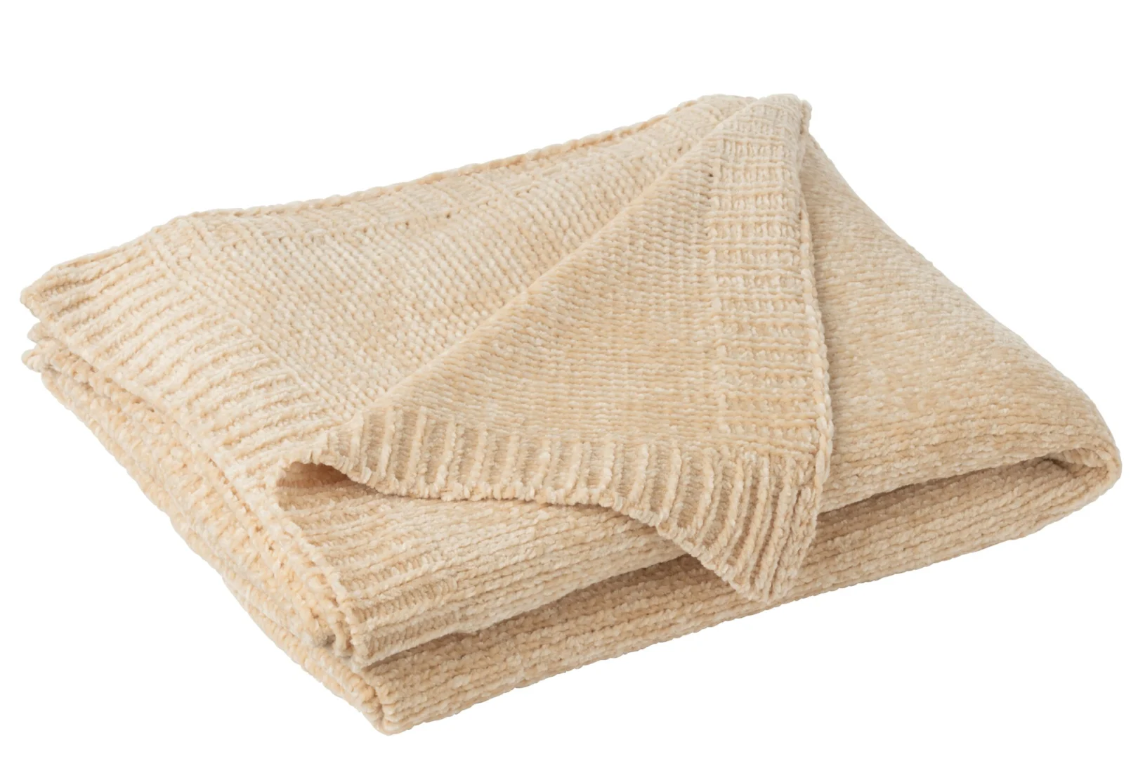 Deken Kallone Beige van zachte chenille, opgevouwen met luxe textuur en warme uitstraling