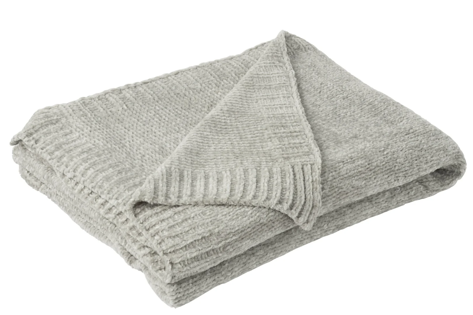Deken Priendand grijs met zachte chenille-look, netjes opgevouwen voor een warme, rustige sfeer in huis