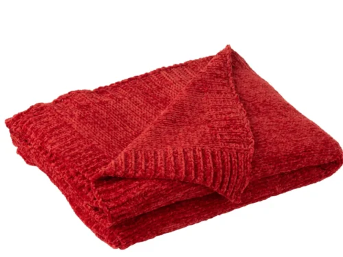 Deken Seilvek Rood, zachte chenillelook in felrood, gevouwen op witte achtergrond