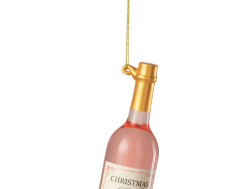 Drinkglas Virnura roze met goudkleurige hals en kerstlabel, decoratief woonaccessoire met ophangkoord