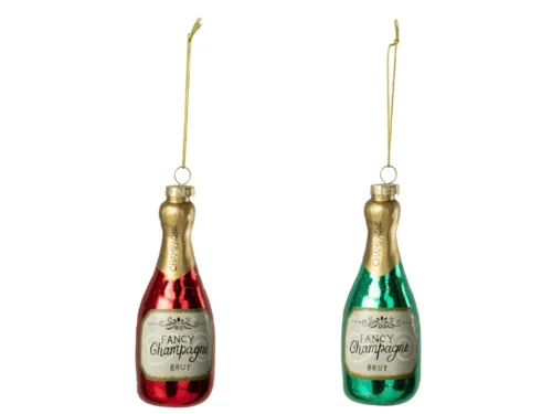 Decoratiehanger Huloro glas groen, set van 2 champagnefles-ornamenten met goudkleurig koord