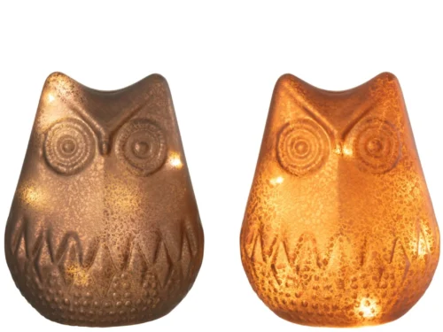Mabio bruine glazen decoratiefiguren uil, set van 2, 14 cm, met warme glans en reliëfdetails