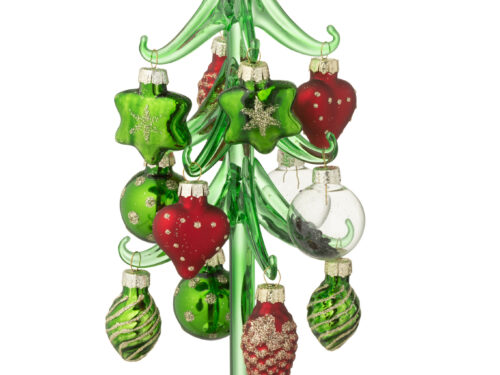 Kerstboom Proonsira van groen glas met spiegelaccenten en kleurrijke kerstballen op glazen standaard