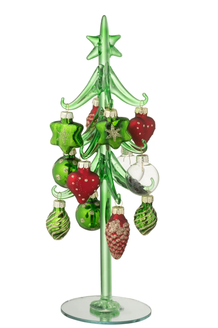 Kerstboom Proonsira van groen glas met spiegelaccenten en kleurrijke kerstballen op glazen standaard
