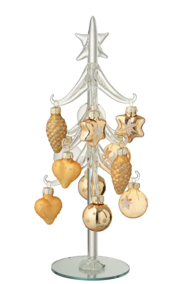 Kerstboom Cermino van transparant glas met spiegelaccenten en goudkleurige kerstornamenten, H26 cm