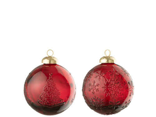 Kerstballen Zeivang glas rood set van 2 met goudkleurige dop en kerstgravures