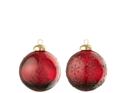 Kerstballen Zeivang glas rood set van 2 met goudkleurige dop en kerstgravures