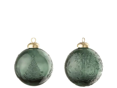 Kerstballen Kaurdano glas groen, set van 2, met gouden kap en subtiel kerstmotief