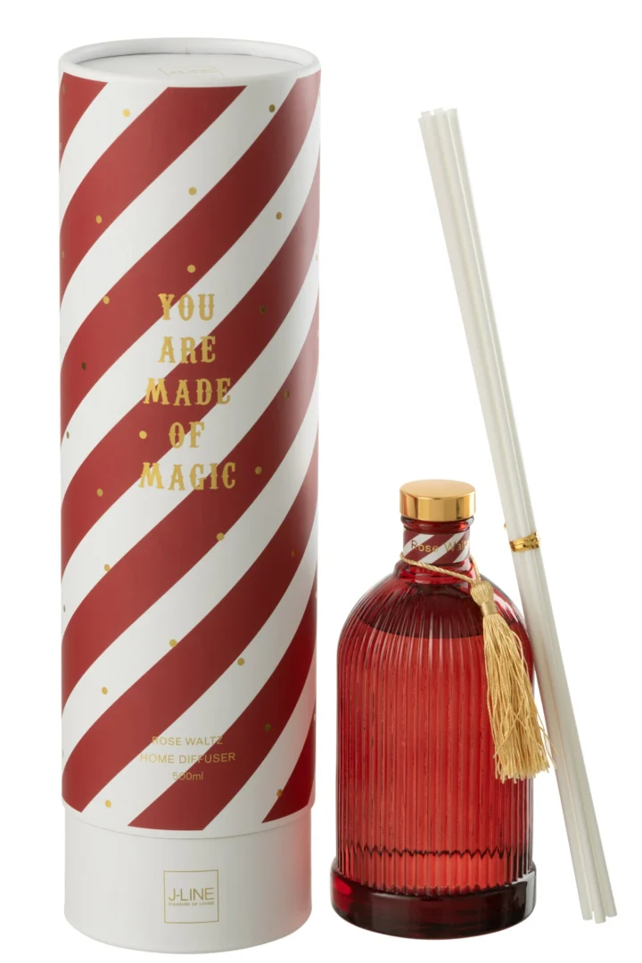 Geurstokjes Greisena Wit met rode Rose Waltz diffuser, witte stokjes en feestelijke giftverpakking