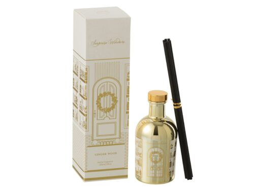 Maubesta Wit geurstokjes diffuser met witte verpakking, gouden accenten en zwarte stokjes, ginger wood geur, 200 ml