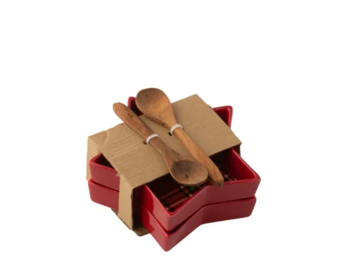 Plaid Rauskane Rood set van 2 rode keramische serveerschalen met houten lepels en papieren wikkel