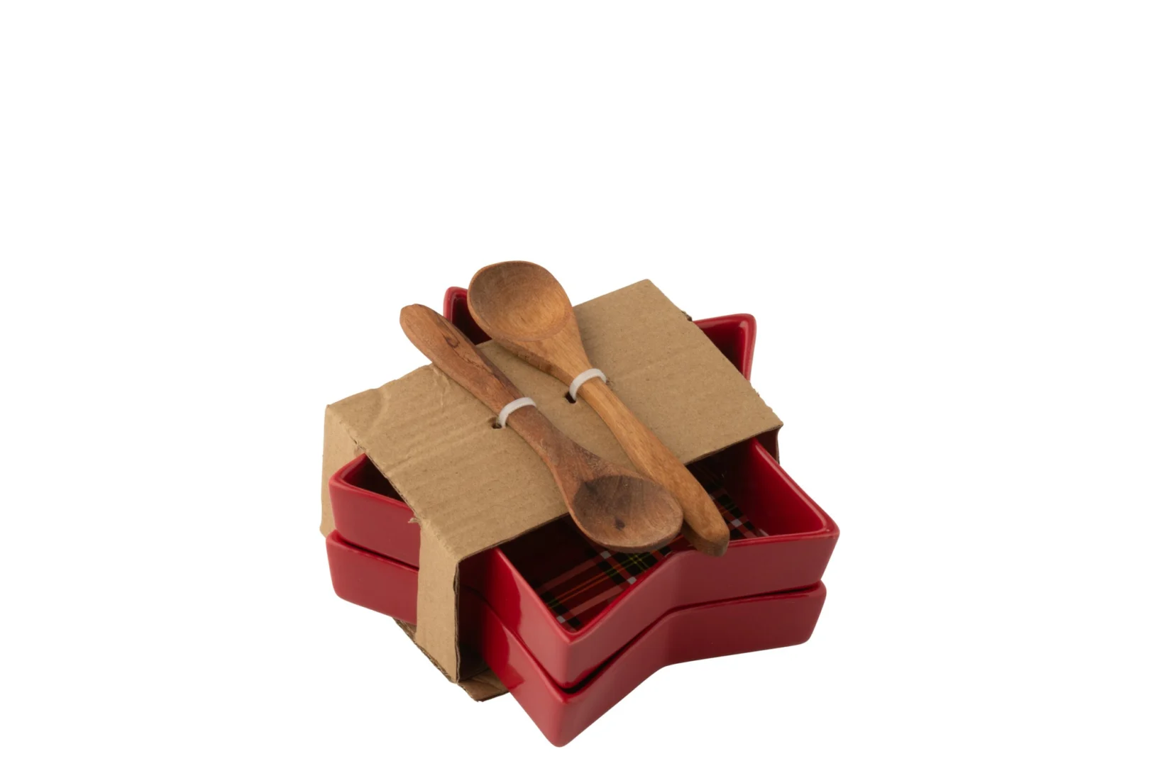 Plaid Rauskane Rood set van 2 rode keramische serveerschalen met houten lepels en papieren wikkel
