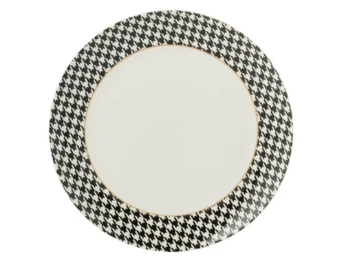 Bord Booskik porselein wit met zwart houndstooth-rand, groot 27 cm, tijdloos en stijlvol