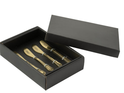 Opbergdoos Raudi Messing Goud, zwarte doos met gouden lepeltjes in luxe geschenkverpakking