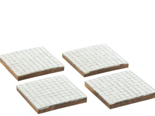 Set van 4 Hoomy onderzetters van acaciahout en glas met zilveren mozaïekafwerking