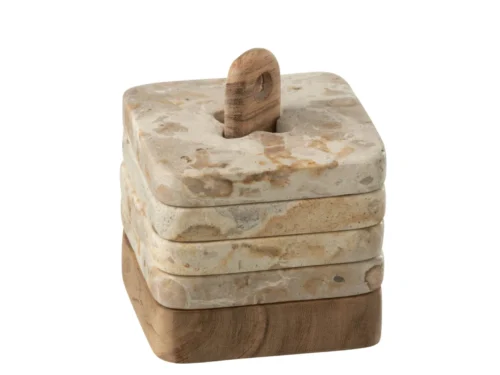 Opbergdoos Fribourg van naturel marmer en acaciahout met decoratieve houten knop, compact en stijlvol