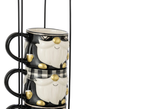Mok Jellak Dolomiet Zwart set van 4 met zwart-wit kerstmanprint en gouden details, op metalen houder