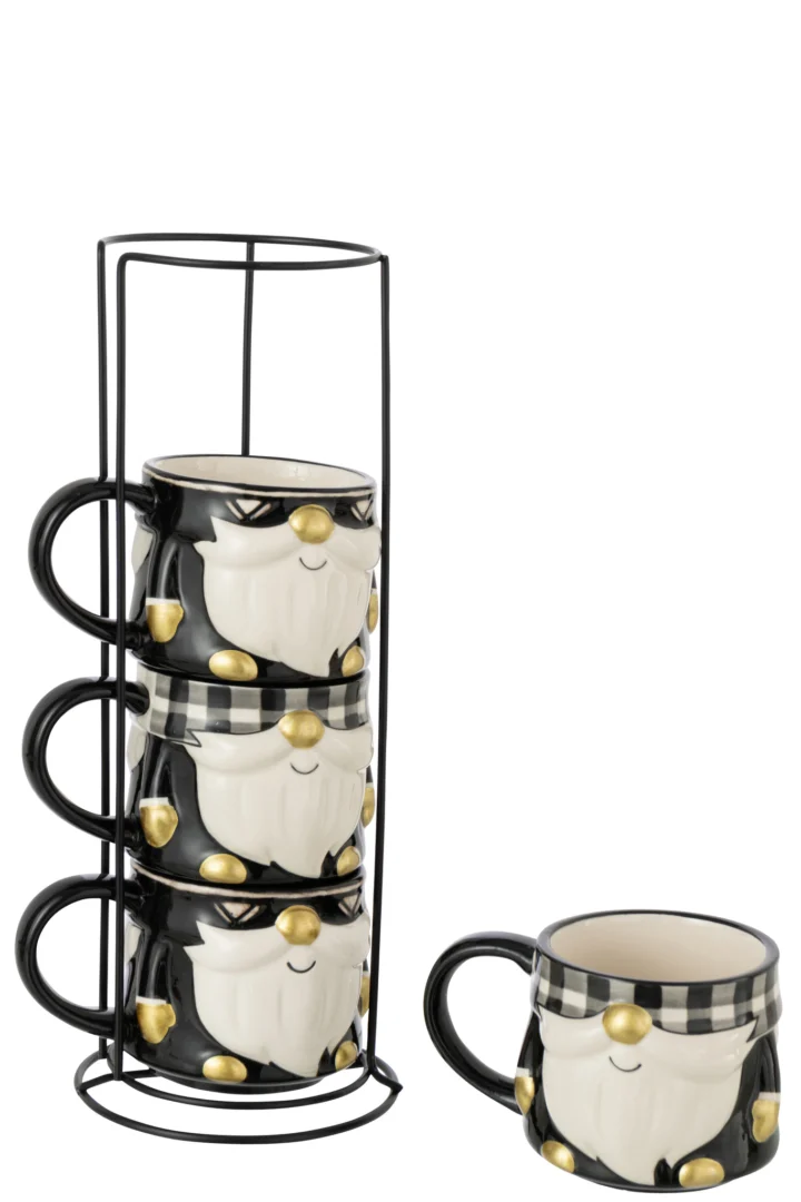 Mok Jellak Dolomiet Zwart set van 4 met zwart-wit kerstmanprint en gouden details, op metalen houder