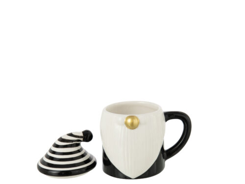 Mok Keesson Dolomiet Zwart met deksel, zwart-wit ontwerp en Santa Claus-detail, decoratief en winterse uitstraling