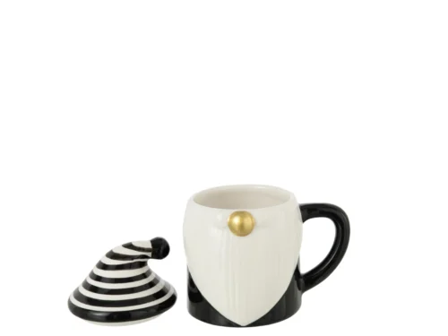 Mok Keesson Dolomiet Zwart met deksel, zwart-wit ontwerp en Santa Claus-detail, decoratief en winterse uitstraling