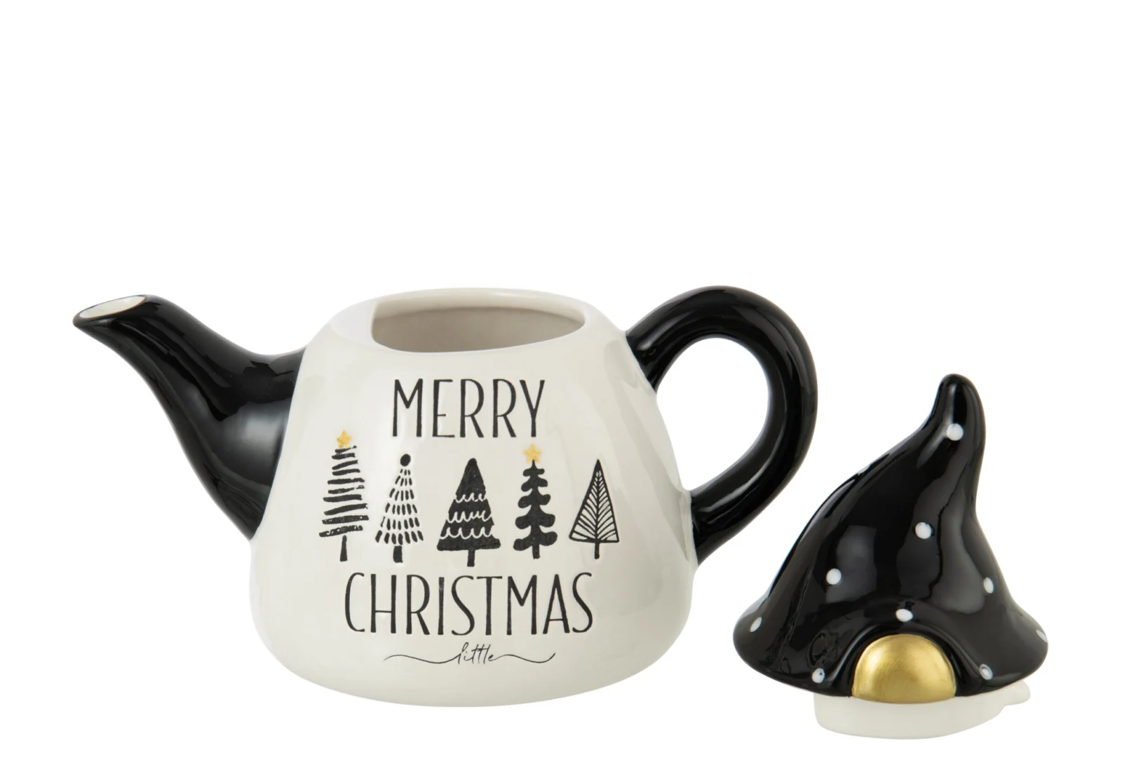 Theepot Leerdonte Dolomiet Zwart met Merry Christmas-print en zwart-witte kerstboomdecoratie