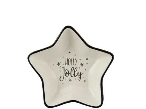 Starvormige witte dolomiet serveerschaal met zwart randje en Holly Jolly-opdruk
