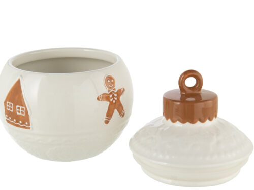 Teedone witte dolomiet kerstballen bewaarpot met gingerbread decor en bruine dekselknop