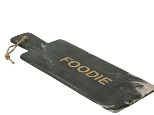 Zwarte marmeren Kaasplank Kooken 48 cm met handvat en touwlus, luxe serveerplank voor hapjes