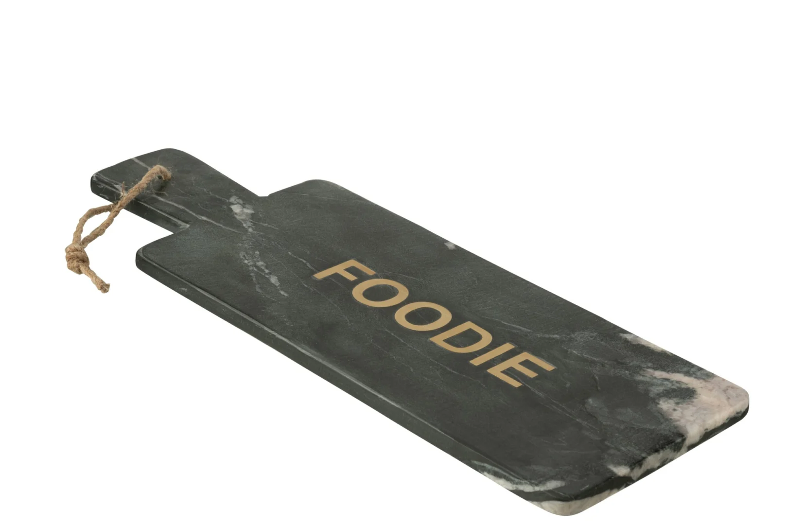 Zwarte marmeren Kaasplank Kooken 48 cm met handvat en touwlus, luxe serveerplank voor hapjes