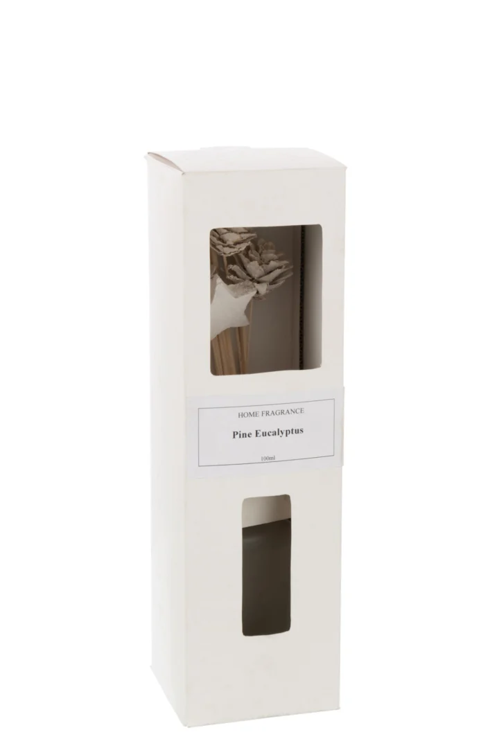 Geurstokjes Keltos Wit in witte verpakking met gedroogde bloemen, Pine Eucalyptus geur, 100 ml