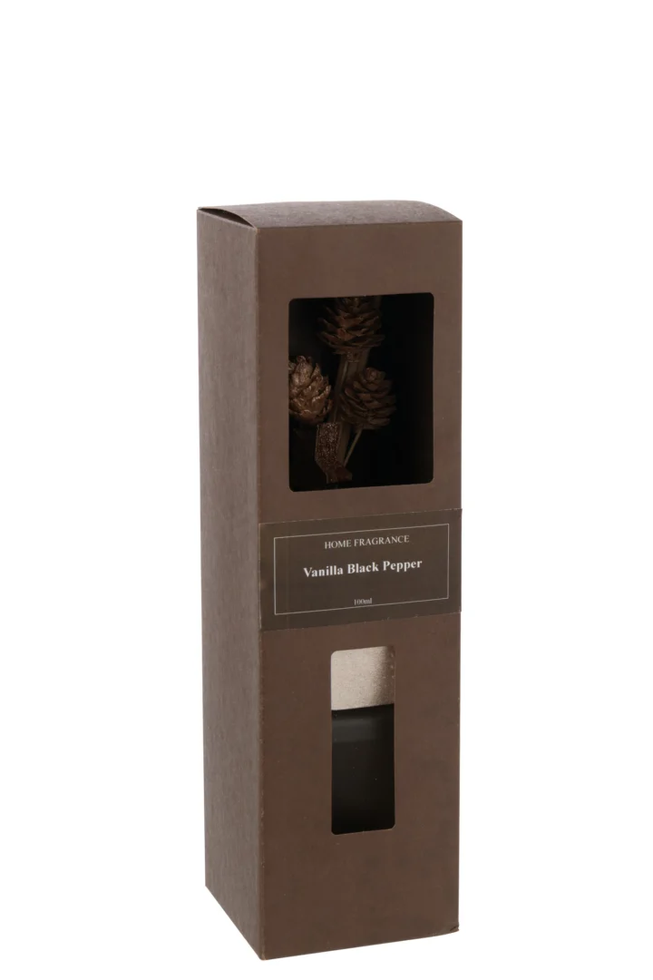 Droogbloemen Reisum Zwart in bruine doos met vensters, vanilla black pepper geur en gedroogde bloemaccenten