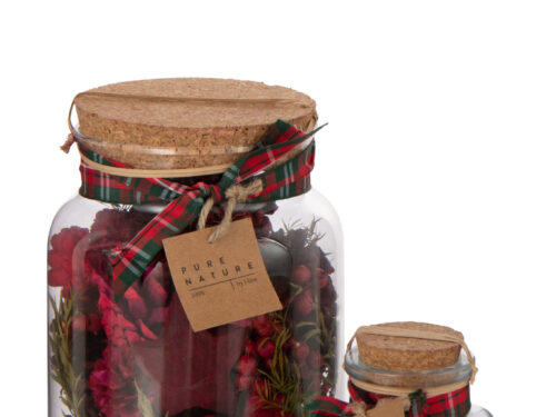 Droogbloemen Proorund Rood in glazen pot met kurkdeksel en rode winterdecoratie